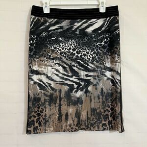 Animal Print Pencil Skirt US 10 Cotton Tan Gray Pinstripe Sides Apanage Leopard